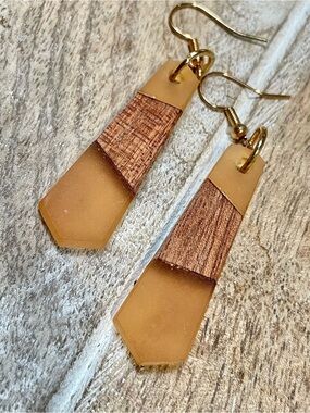 Handcrafted Wood and Apricot Colored Resin Earrings - Elegantique Artisan Design